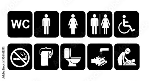 Restroom signage icons for men, women, and accessible facilities displayed on black and white graphics