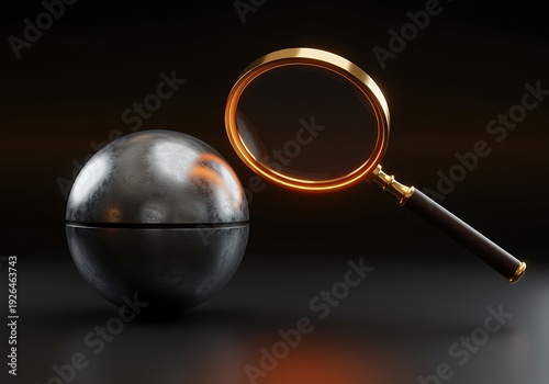 Magnifying glass and metallic sphere on dark surface  investigation and discovery concept