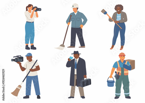 Diverse group of people in various occupations illustrated in a cartoon style
