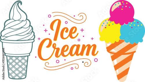 Colorful ice cream cones with vibrant scoops and playful design