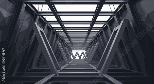 Low-angle shot of a symmetrical abstract steel structure that rises toward a bright sky, creates a sense of progress and innovation. Great for architectural design, engineering.