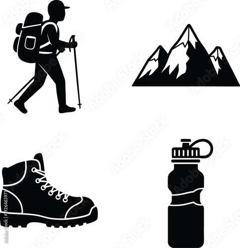 Essential gear and symbols for a successful hiking adventure in the mountains Vector