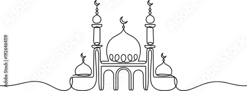 Mosque continuous line design. Islamic architectural design concept. Celebration of Ramadan, Eid al-Fitr Eid al-Adha and Islamic New Year. one line Icon drawing