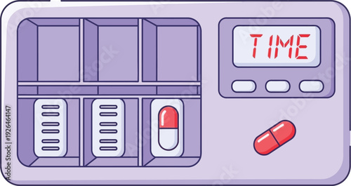 Electronic pill dispenser displays the word TIME indicating medication management schedule.