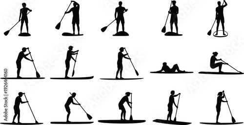 Large set of black paddleboard silhouettes with people stand up paddling and rowing in various poses on white background vector.
