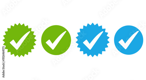 Set of checkmark icons in green and blue on a neutral background viewed from directly above illustrating approval and validation