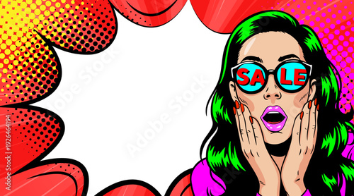 Pop Art Sale Woman - Retro Comic Book Girl with Sale Sunglasses Shocked Expression