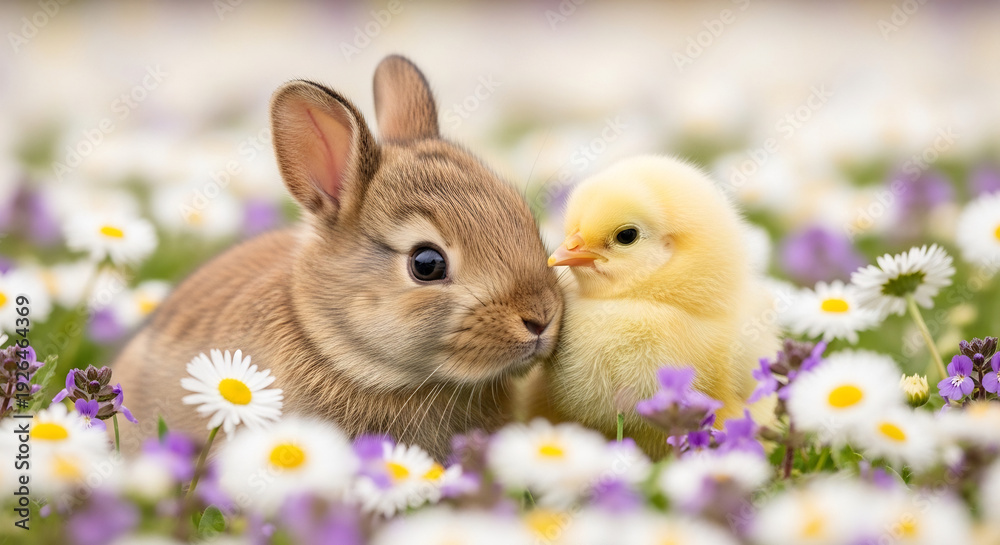 Fototapeta premium ウサギとヒヨコが花畑で寄り添い穏やかに光を浴びる