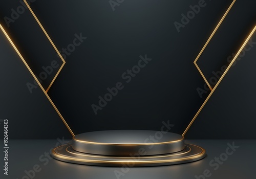 Modern luxury gold podium with geometric lines on dark background for product display and presentation  sleek circular stage with metallic finish and ambient lighting effects