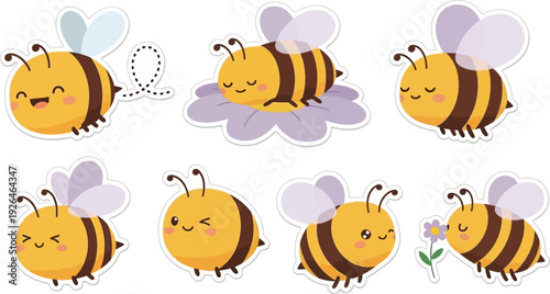 Cute cartoon bee stickers show various joyful and playful expressions in a sweet collection.