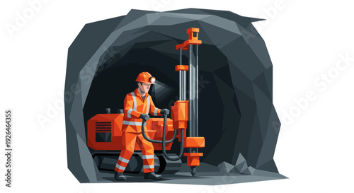 Illustration of a miner in safety gear operating a large orange drill rig inside a dark gray underground mine, drilling into the rock face. Great for industrial themes.
