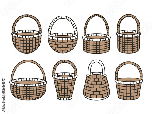 Collection of various brown wicker baskets with handles on white background