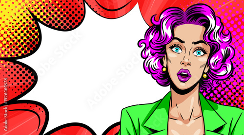 Pop Art Surprised Woman - Retro Comic Book Girl with Purple Hair and Speech Bubble Frame