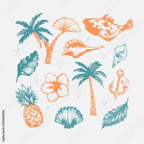 Tropical summer vacation elements arranged in a circular pattern with palm trees, seashells, and nautical symbols.