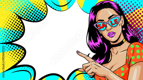 Pop Art Sale Woman - Retro Comic Book Girl with Sale Sunglasses Pointing Speech Bubble