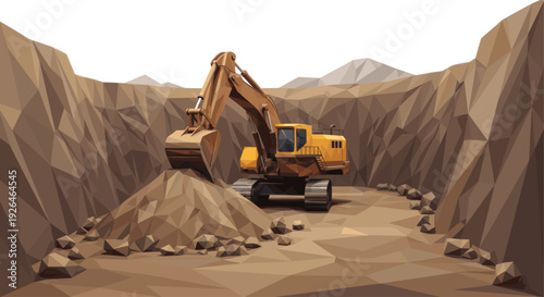 A low poly vector illustration of an excavator digging in a brown, dirt construction site, surrounded by earth walls and rocky rubble, illustrating construction or excavation work.
