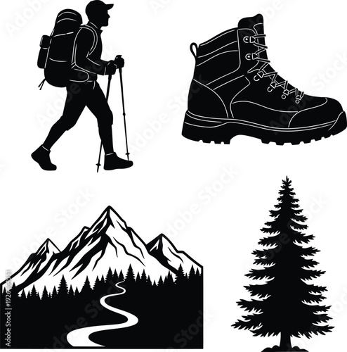 Outdoor adventure with hiking gear and nature elements Vector