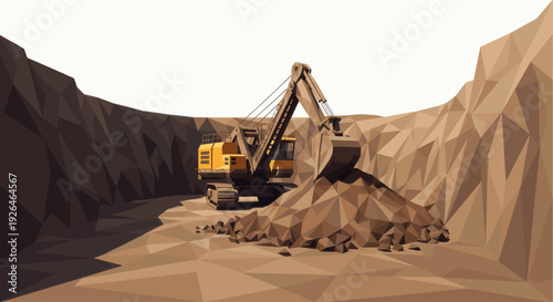 Abstract low-poly style illustration of a yellow excavator digging into a brown dirt quarry, creating a geometric and stylized landscape.