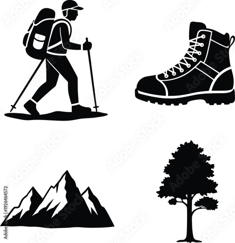 Hiker with trekking poles enjoying nature near a tree and mountains Vector