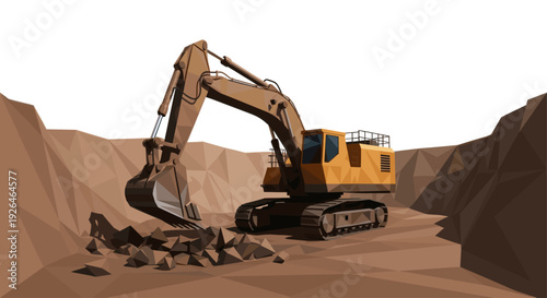 Polygonal vector illustration of an excavator digging brown soil at a construction site, done in a geometric, low-poly art style. Use for mining, industry, or machinery concepts.