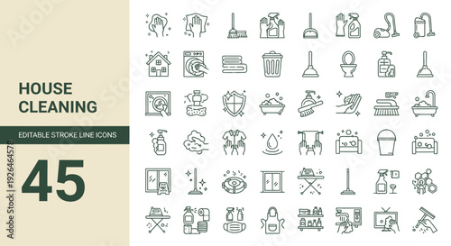 Collection of simple line icons representing various house cleaning tasks and tools displayed on a clean white background