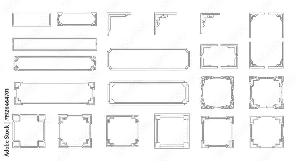 Obraz premium Collection of assorted grey rectangular and square frames with decorative corners on a plain background