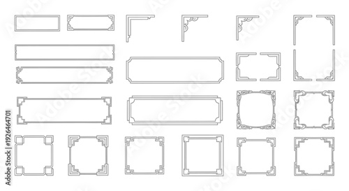 Collection of assorted grey rectangular and square frames with decorative corners on a plain background