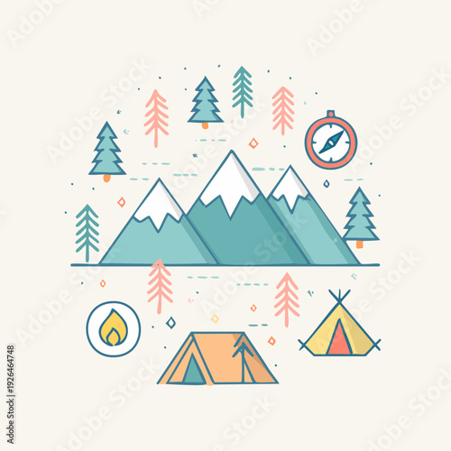 Camping adventure in mountains with tents and trees viewed from afar with clock indicating time