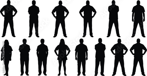 Large set of black silhouettes of people standing in various confident poses including hands on hips and crossed arms vector.