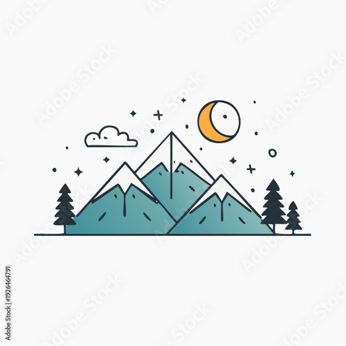 Serene mountain landscape illustration at dusk with trees and moon shining brightly