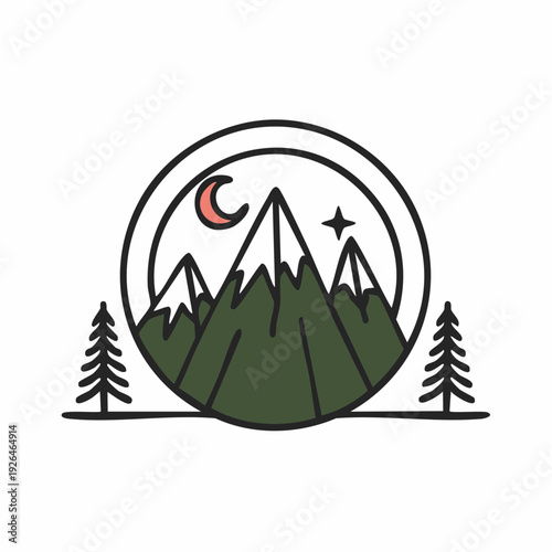 Serene mountain landscape illustration with moon, stars, and trees at dusk from a distant viewpoint