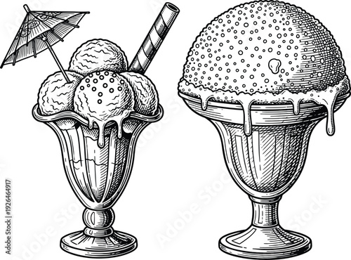 Detailed black and white illustrations of ice cream sundaes in glasses