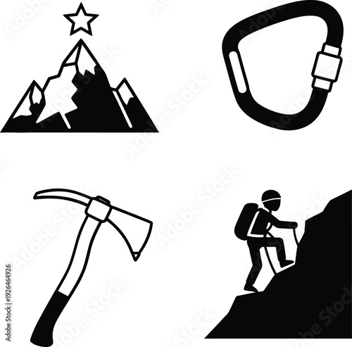 Climbing gear and a climber ascending a steep rock face with a star on top Vector