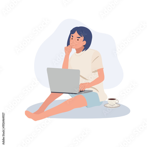 Woman Working on Laptop at Home Remote Work and Online Learning Illustration
