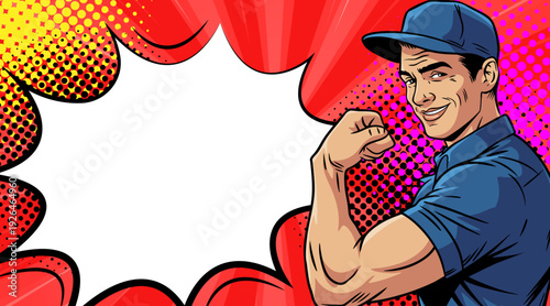 Pop Art Strong Man - Retro Comic Book Guy Flexing Muscle with Speech Bubble