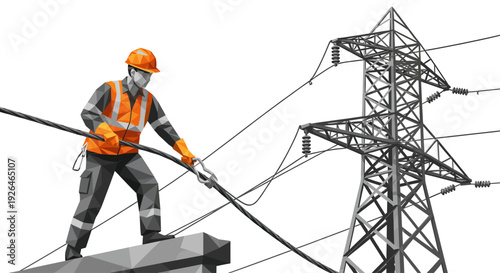 Geometric illustration of a lineman wearing safety gear, working with high voltage power lines near a large pylon, ideal for industrial safety or energy themes.