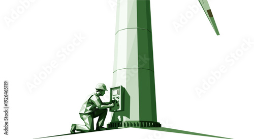Low polygon illustration of a technician wearing a hard hat repairing the control panel of a green wind turbine, depicting renewable energy maintenance in an eco-friendly style.