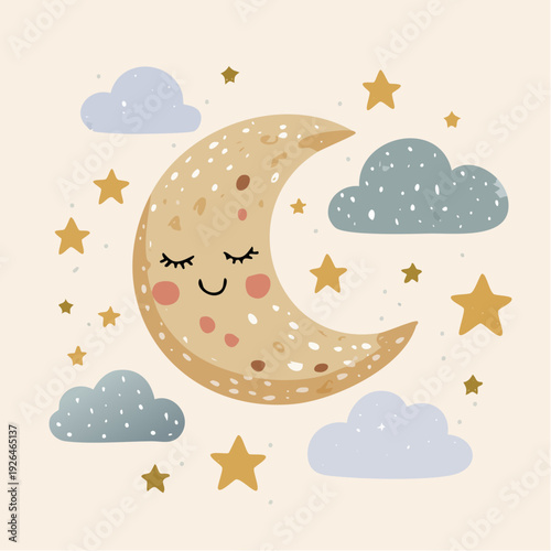 A serene cartoon moon with a smiling face surrounded by stars and clouds in a dreamy night sky illustration