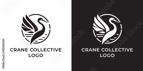 Minimalist circular crane bird logo design template in black and white for modern nature, corporate, and creative brand identity