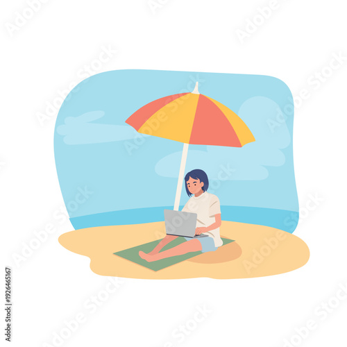 summer digital nomad working on laptop by the seaside. freelance woman with laptop relaxing on sandy beach under colorful umbrella