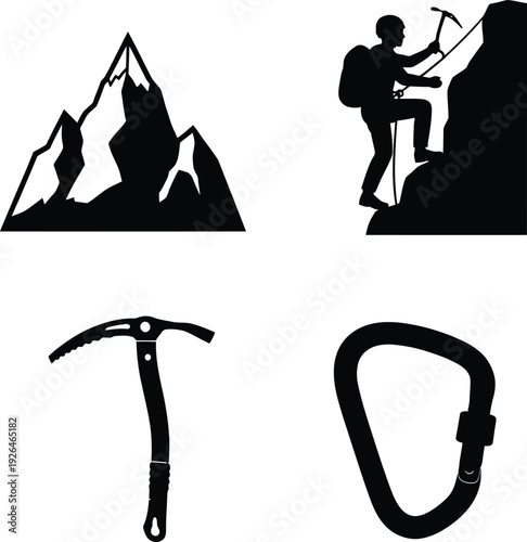 Mountain climbing equipment and silhouette of a climber on a steep rock face Vector