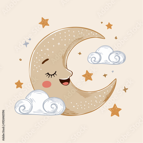 A smiling cartoon moon with closed eyes floats among fluffy clouds and stars in the night sky
