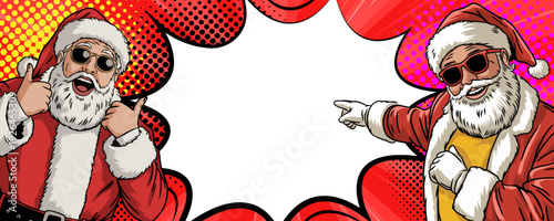 Pop Art Santa Claus Banner with Speech Bubble, Christmas Retro Advertising Background