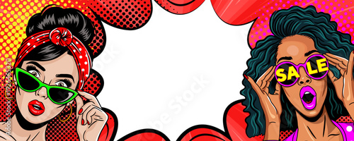 Pop Art Sale Banner - Retro Comic Book Women with Sunglasses and Speech Bubble