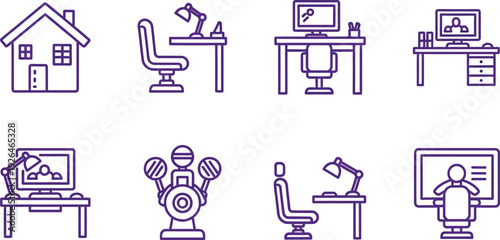 Set of line icons illustrates home office setup options for remote working environments.
