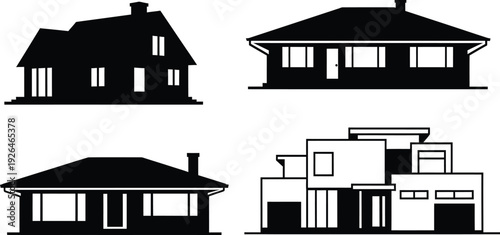 Minimalist House Silhouette Icon Set - Vector Home and Real Estate Symbols
