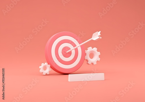 Pink target with white bullseye and arrow surrounded by white gears on pink background  business goal concept