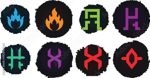 Mysterious elemental icons featuring fire and abstract geometric glyphs represent magic.