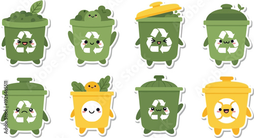 Cute cartoon recycling bins with happy faces promote environmental awareness and waste.