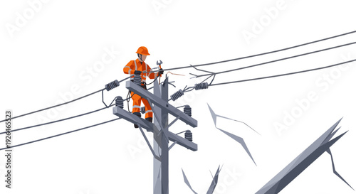 An electrician in orange workwear is repairing damaged power lines on a utility pole, set against a white background, suitable for illustrating energy, repair work, and infrastructure.